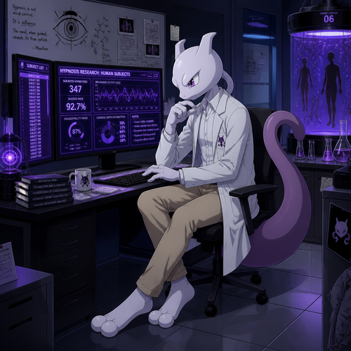 A young male Mewtwo wearing tan khaki pants, white button up shirt, and a lab coat. He is sitting at his computer in his laboratory looking at the data he has collected on hypnotizing humans. Anime art style, solo, full body.