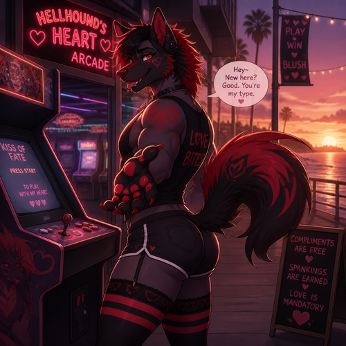A well-made grownup anthropomorphic Hellhound of love male homosexual femboy character. An animated version view. Has thigh highs and buttocks. Bushy tail on a tailbone. At the arcade outside coast. Wears shorts and tank top also a necklace. Being friendly and welcoming. Being kinky/kind in a friendly way. Being a good Hellhound. Side view. 