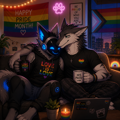 Today’s pride month. Two males lived together in apartment. A Protogen and a Sergal. Sitting together in a sofa. Animated version.