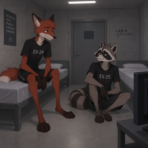 A lanky male anthropomorphic fox with red fur named Sprinter wearing a black T shirt with EX-24 on it and black shorts and a lanky male anthropomorphic raccoon named Oliver wearing a black T shirt with EX-25 on it and black shorts in a room in a lab together, the room is a basic concrete room with two beds and a tv so that they are not bored, animated style