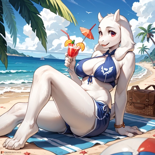 Toriel, a MILF goat lady at the beach.