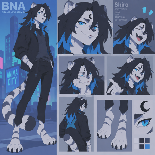 male, anthro, white tiger, long black hair with bright blue tips, black crescent on forehead, blue eyes, digitigrade footpaws, BNA Brand New Animal style, slim, annoying Shiro, happy
