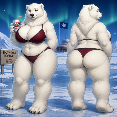 A busty well-made anthropomorphic polar bear female who lives in South Pole territory with a diet Dr Pepper soda on paw. Has thick thighs and thick fur. Large looks. Front/back view. Calm and confident. Animated verse.