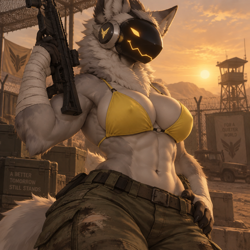 A digital illustration of an anthropomorphic Protogen character with an attractive, muscular physique—displaying powerful biceps, a full bust, and defined abs. She wears worn-looking olive-green military pants and a bright yellow bikini top, maintaining a confident expression. Her right arm is heavily wrapped in white bandages extending from the wrist to the mid-forearm, and she holds a black tactical rifle. She poses confidently and with a hint of excitement in front of a desert military base; the silhouette of a distant watchtower and a wire fence stand out against a hazy, orange-hued sky. The composition is a half-body shot focusing on the character's torso and face, utilizing a dramatic, extreme angle. Directional lighting creates soft shadows that accentuate the contours of her silhouette. The color palette is dominated by subdued earth tones that contrast sharply with her fur and the vibrant yellow of her swimwear. The atmosphere is rugged yet serene.