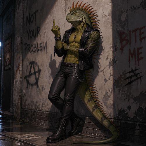 A male anthropomorphic iguana wearing leather pants, shirtless with 8 pack of abs, leather jacket, leather boots, and spines in a Mohawk style. Leaning back on a wall, left hand crossed to right elbow while right hand is raised giving the middle finger. Anime style, solo, full body.