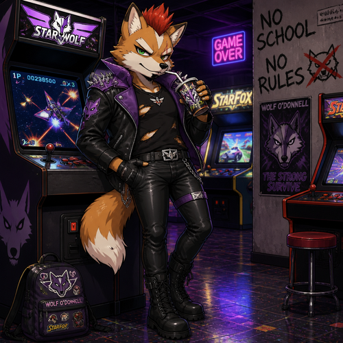 A delinquent Fox McCloud wearing tight leather pants, a black ripped sleeveless shirt, a purple Wolf O’Donnell themed leather jacket, black combat boots, and a red spiked mohawk. He is skipping school playing games at an arcade. Anime art style, full body.
