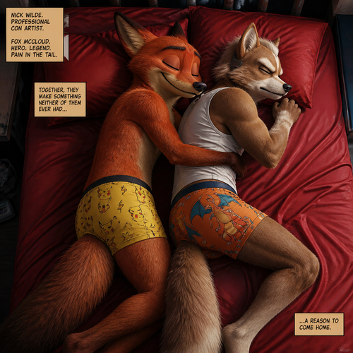 Nick Wilde wearing Pikachu style boxers sleeping on a big bed with red sheets. Sleeping next to him is his boyfriend Fox McCloud wearing tight Charizard style boxers and a white sleeveless shirt. Realistic style look with a comic book aesthetic.