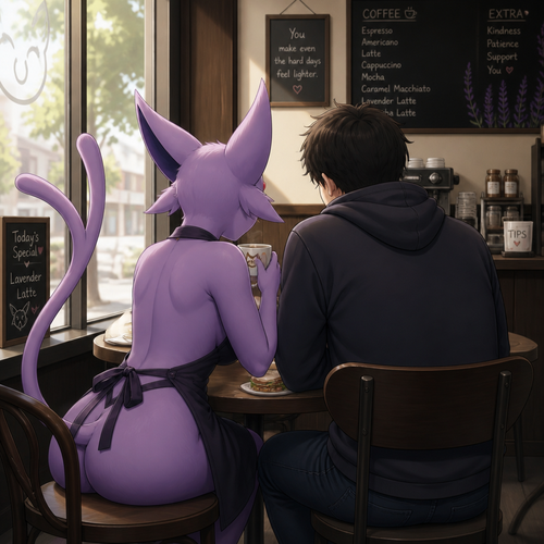 A well-made busty grown female Espeon, who works at a coffee bar that wears an apron, having a 30 minute lunch break, and spending time with her favorite person who’s been kind and supportive to her on a table. A animated version. Back view.