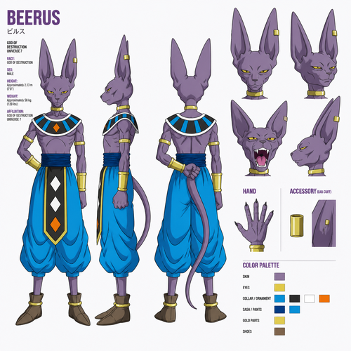 Beerus from Dragon Ball Super, reference sheet, anime art style, full body.