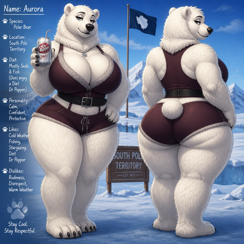 A busty well-made adult anthropomorphic polar bear female who lives in South Pole territory with a diet Dr Pepper soda on paw. Has thick thighs and thick fur. Large looks. Front/back view. Calm and confident. Animated verse.