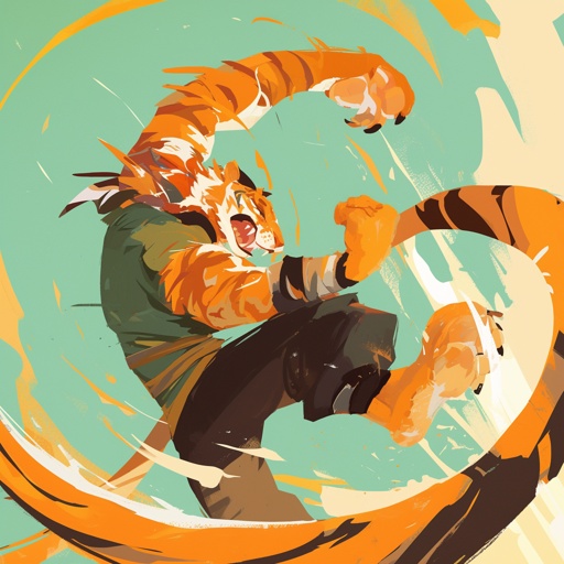 Fierce dragon-tiger hybrid martial artist in mid-kick, scales and stripes blending in a swirl of motion --niji 6