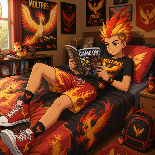 A middle school aged male phoenix wearing Moltres themed shirt, fire themed shorts, red high top shoes, and a plumage mohawk hairstyle. He is laying on his bed reading a gaming magazine. Anime art style, solo, full body.