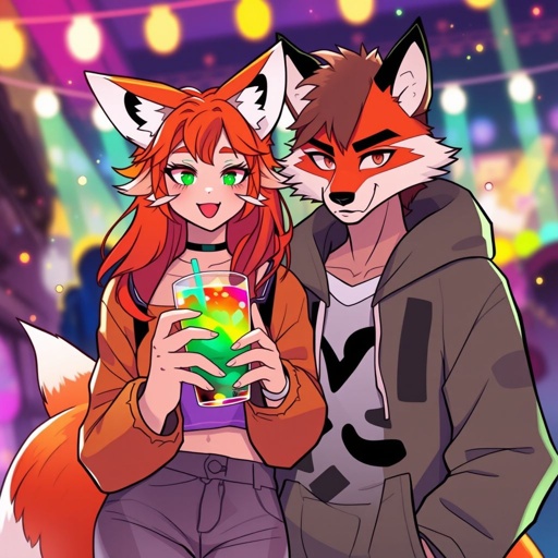 Female fox furry at a college party drinking in one paw with her wolf furry boyfriend