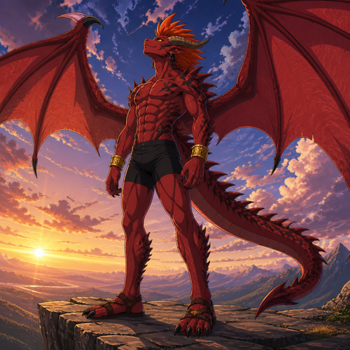 A high school aged male red dragonoid with a spiked spine, standing at 6 foot 8 inches, wearing tight black shorts, shirtless showing off a 16 pack of abs, gold bracelets on both wrists, obsidian earrings on both ears, leather sandals, orange horned mohawk, with a wide wingspan. He is standing atop a cliff looking at the sky. Anime art style, solo, full body.
