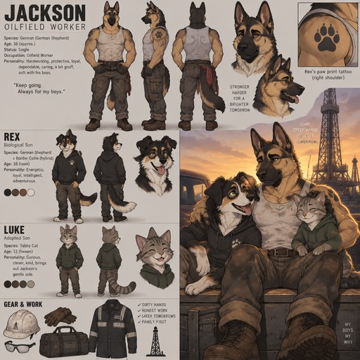 A muscular male anthropomorphic German named Jackson that has a son named Rex and a adopted son named Luke, is a oilfield worker, Rex is a German shepherd and border collie hybrid, Luke is a tabby cat, Jackson is single, has a tattoo of Rex’s paw print on his right shoulder and a tattoo of Luke’s paw print on his left shoulder, reference sheet, one big picture