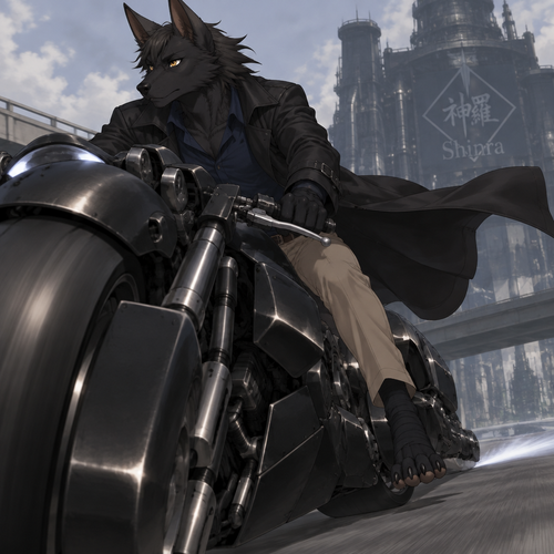 male, black fur, maned wolf, golden eyes, digitigrade footpaws, toned body,dark blue shirt, khaki pants, black pawsocks that expose the toes on the footpaws, wearing a black trenchcoat, anime style, riding Final Fantasy Advent Children Cloud Strife Motorcycle