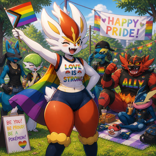 A well-made Pokemon character, Cinderace. Has thick thighs and short tail. Celebrating on today’s pride month. Having a good day. At the park with other Pokemon males.
