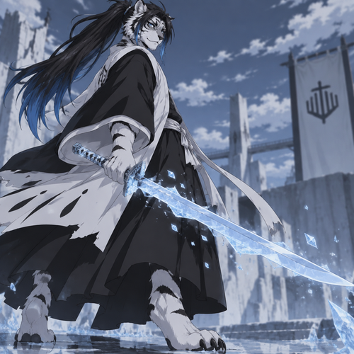 Male, anthro white tiger, digitigrade footpaws, thick black hair with blue tips, hair in a long ponytail, blue eyes, Bleach style, saber made of ice

