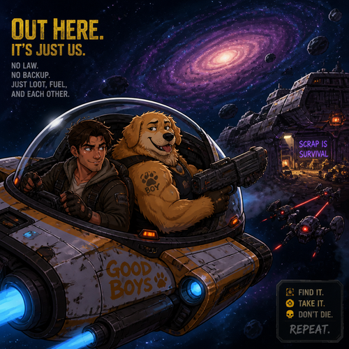 In a lone galaxy, a well-made animated version. In a mini spaceship, a human pilot/scavenger, and his partner a thick homosexual anthro golden retriever with floppy ears. Both finding themselves to loot and defend themselves.
