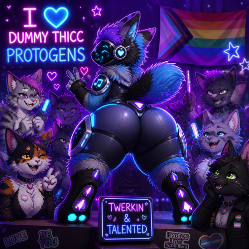 Sight says; I 💙 dummy thicc Protogens. Well-made animated version. Rear view. So friendly and flirty. LGBTQ. Twerking and talented. Fluffy. Peace out. Surrounded by anthro cats.