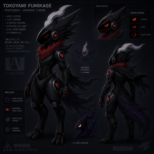Tokoyami Fumikage as a protogen with a Darkrai theme to the metal