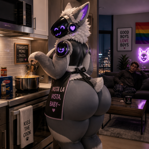 A homosexual fluffy gay Protogen who lives in a modern apartment with his human and waiting while cooking some pasta dinner. Has thick thighs, wide hips, big butt, and has short tail also wears an apron.