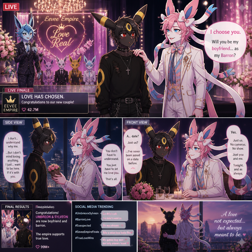 In a dating reality show on live (a well-made animated version) a non-rich half gothic grown Umbreon male is surprisingly unbelievably been accepted to become a boyfriend to this super rich grown Sylveon male as a Barron for not understanding why and doesn’t mind to lose. In an anthropomorphic Pokemon universe. Never asks and want to be there but been gifted. A good ending. Side and front view. A modern present day. Been asked on a date.