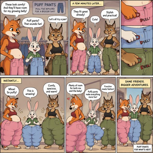 A multi panel comic about a slightly pregnant female anthropomorphic fox and her bunny and lynx friend who try on pants that become puffy after pulling a ripcord, animated style