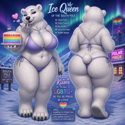 A busty well-made adult anthropomorphic polar bear female who lives in South Pole territory with a rainbow color ice cream cake on her paw. Has thick thighs and thick fur. Large looks. Front/back view. Calm and confident. Animated verse. Give a flirty look. Gives kisses sign to all LGBTQ+.