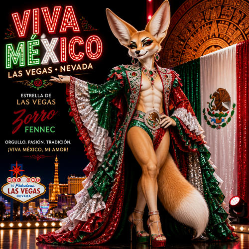 A well-made grown homosexual anthro Fennec Fox as a drag queen a star of Las Vegas for Viva Mexico.