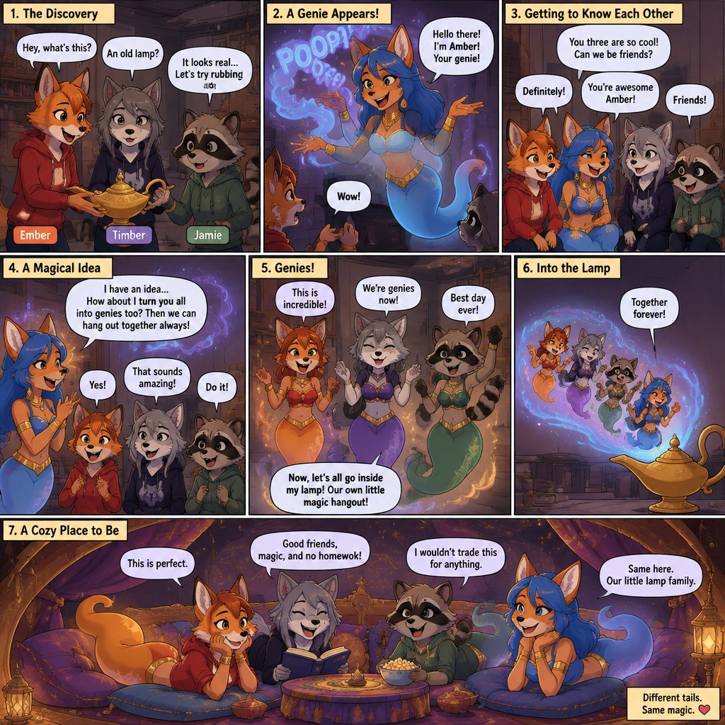 A multi panel comic about a teenage female anthropomorphic fox named Ember a teenage female anthropomorphic wolf named Timber and a teenage female raccoon named Jamie. It starts with them in a basement finding a genie lamp and rub it then a female anthropomorphic fox genie comes out, the genie has a blue tail and is named Amber and looks teenage age. After a little while they become friends and Amber turns everyone into genies and they go into her lamp and hang out together, animated style
