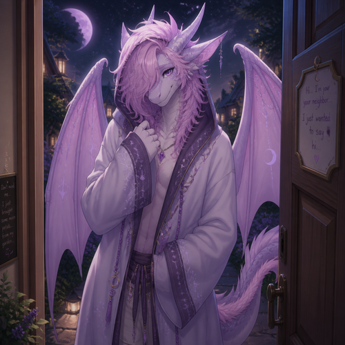 A friendly shy immortal alike femboy grown male character (well-made) anthro moon lavender lung Dragon with pink & purple fur and a pretty one that wears a robe with a hoodie who came to say hi as a friendly neighbor.
