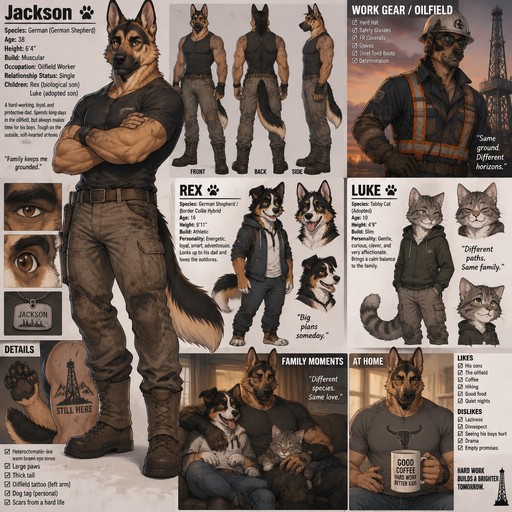 A muscular male anthropomorphic German named Jackson that has a son named Rex and a adopted son named Luke, is a oilfield worker, Rex is a German shepherd and border collie hybrid, Luke is a tabby cat, Jackson is single, reference sheet, one big picture