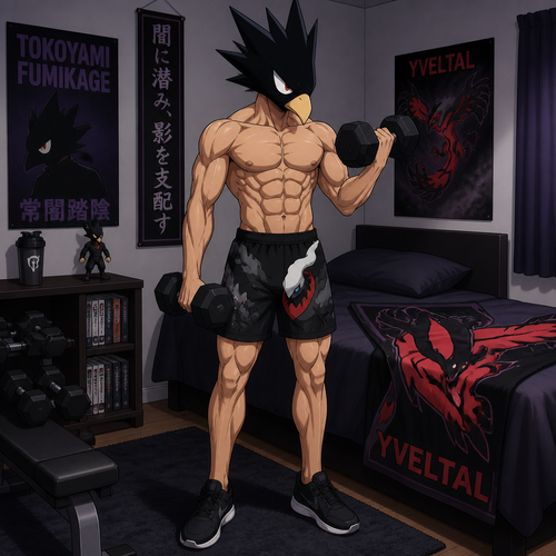 Tokoyami Fumikage wearing Darkrai themed shorts with a small bulge, shirtless showing off 16 pack of abs, and black tennis shoes. He is in his bedroom lifting weights. On his bed is a Yveltal towel. Anime style, solo, full body.