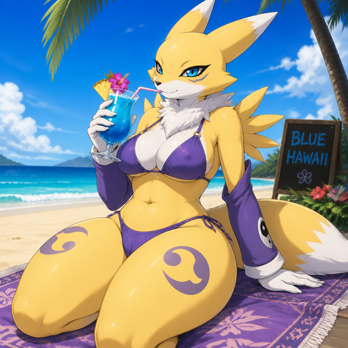 A well-made female anthro character, Renamon. Has thick thighs. Wears swimsuit and eyeliner. At the beach. Animated verse. Sits on a rug below the sand. Enjoying the blue Hawaii.