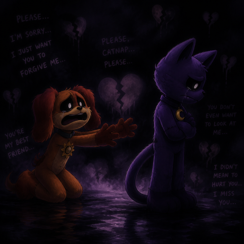 In Smiling critters verse, Dogday tries and begging for an apology for his best friend Catnap, but Catnap looks away and ignoring with feelings hurt and tears with anger and a heart broken. In a void like a bad dream. 