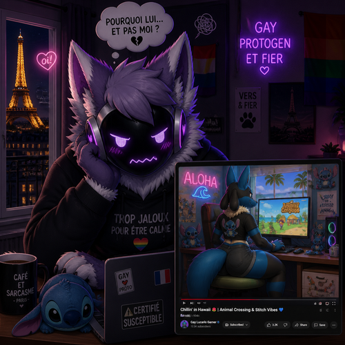 A jealous fluffy gay male Protogen (lives in Paris, France), who uses his laptop and see a video of a male gay Lucario (lives in Hawaii and a stitch fan) with thick thighs and buttocks playing a game called animal crossing on PC. Animated verse. Front view. 