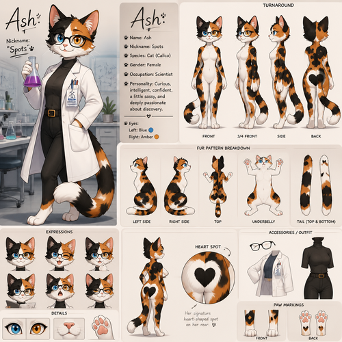 A beautiful female anthropomorphic calico cat with glasses and one blue eye and one orange eye, is a scientist, is named Ash, has the nickname Spots, animated version, reference sheet, shows all of her fur patterns, has a spot shaped like a heart on her rear 