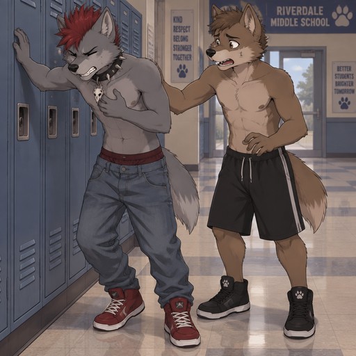 A middle school aged shirtless male grey dire wolf wearing saggy jeans with maroon colored boxers poking up above the waistband, a pair of red high top shoes, and a spiked collar snug around his neck with a wolf skull emblem hanging off it, with a short red mohawk hairstyle. He is leaning on his locker at the middle school, one hand on his locker and the other clutching his chest. He has a pained expression as he is currently suffering a heart attack. He is with a male friend who is shirtless dressed in loose shorts and black sneakers. Anime art style, full body.
