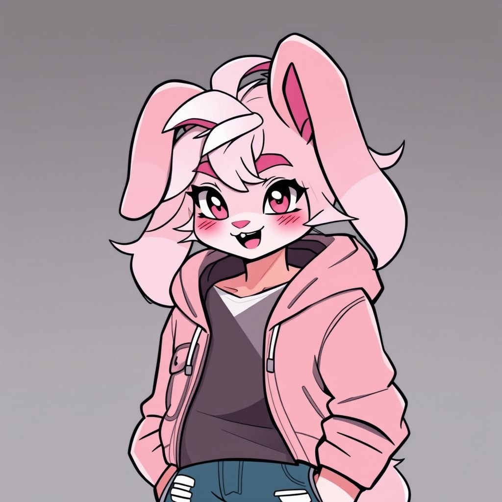 Male painted bunny pink and light pink fur has a casual hoodie, jeans, he had long and puffy hair, he is doing UwU face, gay and lewd look ,fursona,looks like bottom