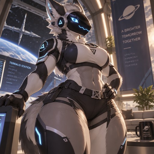 A high-quality digital illustration of a female Protogen with a muscular, curvaceous physique, featuring a large bust, defined abs, thick thighs, and wide hips. She strikes a confident, commanding pose inside a futuristic space station, wearing a comfortable futuristic outfit that accentuates her physique. Viewed from a low angle. Aesthetic 11.