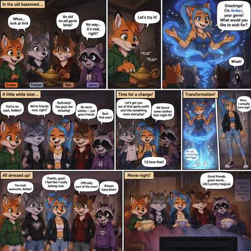A multi panel comic about a teenage female anthropomorphic fox named Ember a teenage female anthropomorphic wolf named Timber a teenage fox wolf hybrid named Rex and a teenage female raccoon named Jamie. It starts with them in a basement finding a genie lamp and rub it then a female anthropomorphic fox genie comes out, the genie has a blue tail and is named Amber and looks teenage age. After a little while they become friends and Amber splits her tail into two legs and the other girls dress her like a teenager then they hang out together on the couch and watch movie, animated style
