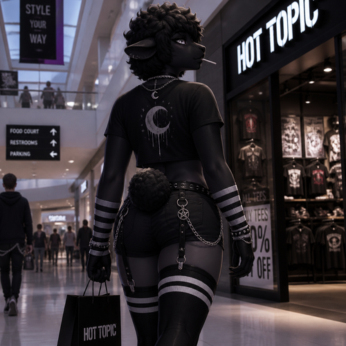 A grownup homosexual femboy anthro Black Sheep male, wears moon pendant necklace and an eyeliner, wearing some short clothes from Hot Topic, stick a lollipop on mouth, and has thick thigh highs. At the city’s mall. Well-made animated version. Back view. 