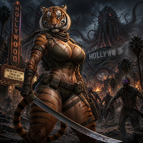 A busty well-made adult anthro Tiger that has thick thighs and survival gear on and holding a saber sword facing a mixed up dark spicy lovecraft zombie apocalypse, in Hollywood with pure bravery and courage alone. 