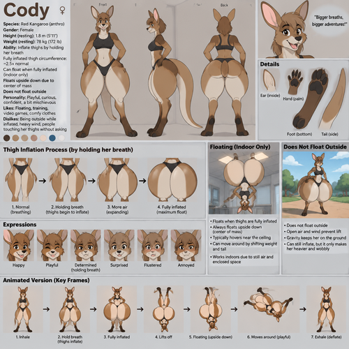 A female anthropomorphic kangaroo named Cody that can inflate her thighs by holding her breath, can float once her thighs are fully inflated, floats upside down because of her center of mass, doesn’t float outside, reference sheet, animated version