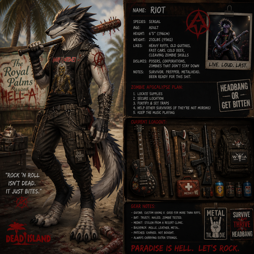 A well-made adult Sergal character that loves rock and roll and metal who’s been preparing on a zombie apocalypse, Dead Island.