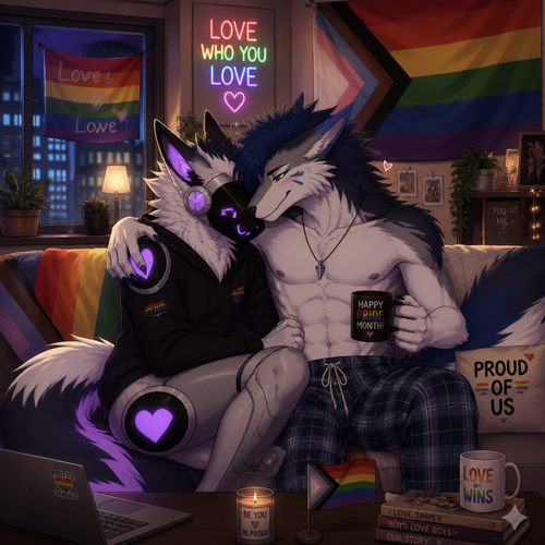Today’s pride month. Two males lived together in apartment. A Protogen and a Sergal. Sitting together in a sofa. Animated version. Yaoi.