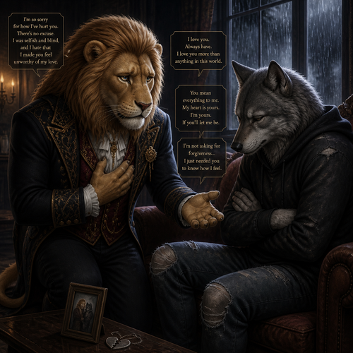 A (well-made grown anthropomorphic male character) rich Barron a Lion with a sad look that wears whatever he wears who came to see a unhappy non-rich despair but a broken hearted anthro male grey Wolf for an apology for how he’s sorry and tell him he loves him and says his feelings for him because he’s gay.