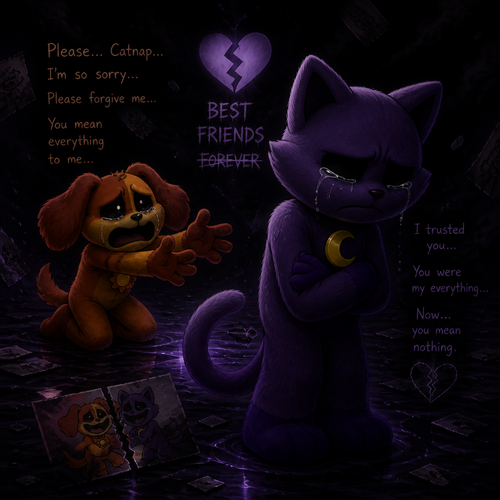 In Smiling critters verse, Dogday tries and begging for an apology for his best friend Catnap to say how sorry, but Catnap looks away and ignoring with feelings hurt and tears with anger and a heart broken. In a void like a bad dream. A broken friendship.