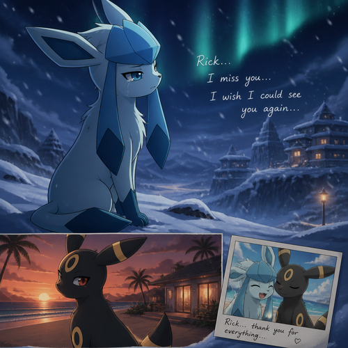 In an anthropomorphic Pokemon universe, A sad Glaceon (the adult Barron with no name) who lives in a snowy land and misses a non-rich grown Umbreon male who lives in a small modern house at the beach in Hawaii named Rick, and wishes to see him again. Well-made anime version.